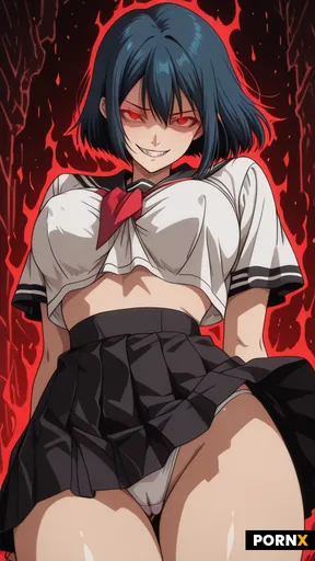 Eko eko azarak // : //Yandere grin fangs //  black Magic glowing  aura //  flashing boobs and pussy 