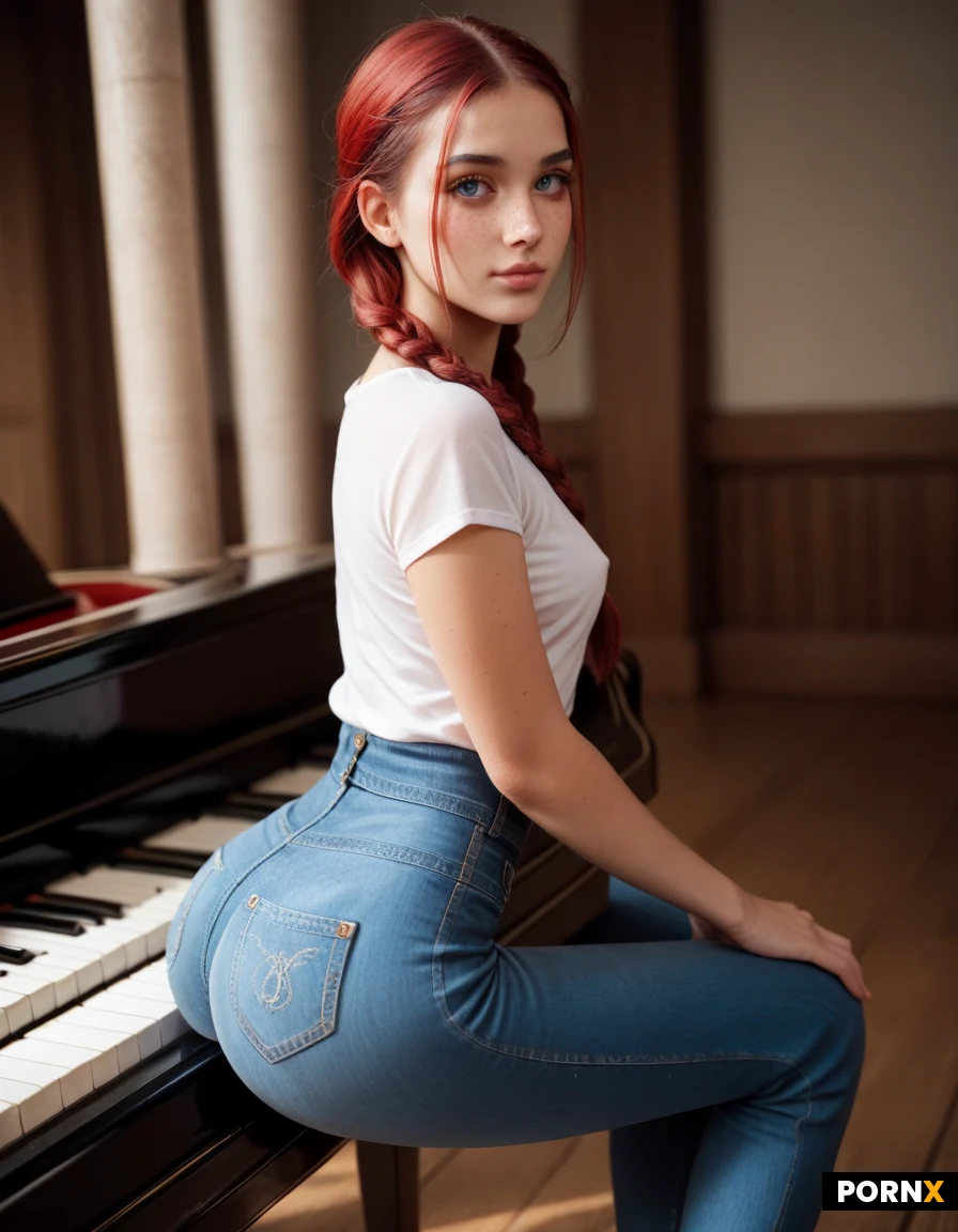 Sexy slim model,race: east european,skinny,thin waist,medium braided red hair braids on both side side.(pale skin:1.3),freckles,blue eyes,big eyes,very rounded ass,perfect round ass:1.5,thigh gap,(rounded small perky tits),smoke eyes, cute face, realistic lighting,from dynamic angle, indian temple, blue jeans, white t-shirt, sitting at a grand piano