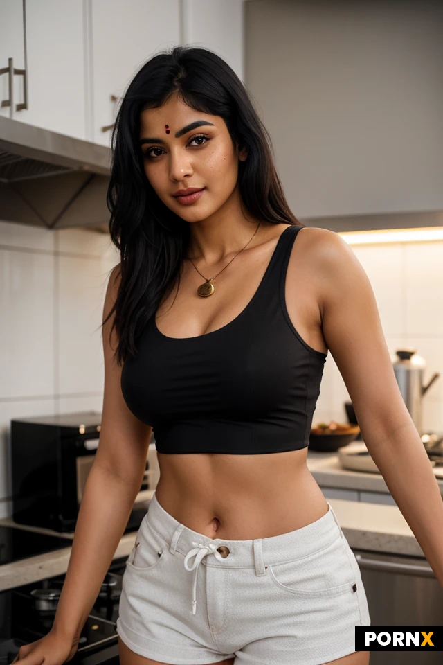 A sultry Indian woman with glossy black hair pulled into a loose cascade, deep dark skin, and striking yellow, cat-slit pupils gazes seductively at the camera, her full lips curved in a confident smirk. She stands in a modest apartment kitchen, the warm glow of pendant lighting casting soft rim light around her curves as she lifts and adjusts her firm, artificially enhanced B-cup breasts, one hand sliding over the low-cut black tank top that clings to her torso. Her short, form-fitting leather shorts hug her hips, revealing toned, smooth thighs and a subtle sheen of sweat from the kitchen heat. The scene is captured from a low angle with a shallow depth of field, focusing crisply on her face and upper body while the background appliances blur into a muted, urban backdrop. Rendered in hyper-realistic, cinematic photography style with high contrast and vibrant colors to emphasize texture and sensuality.