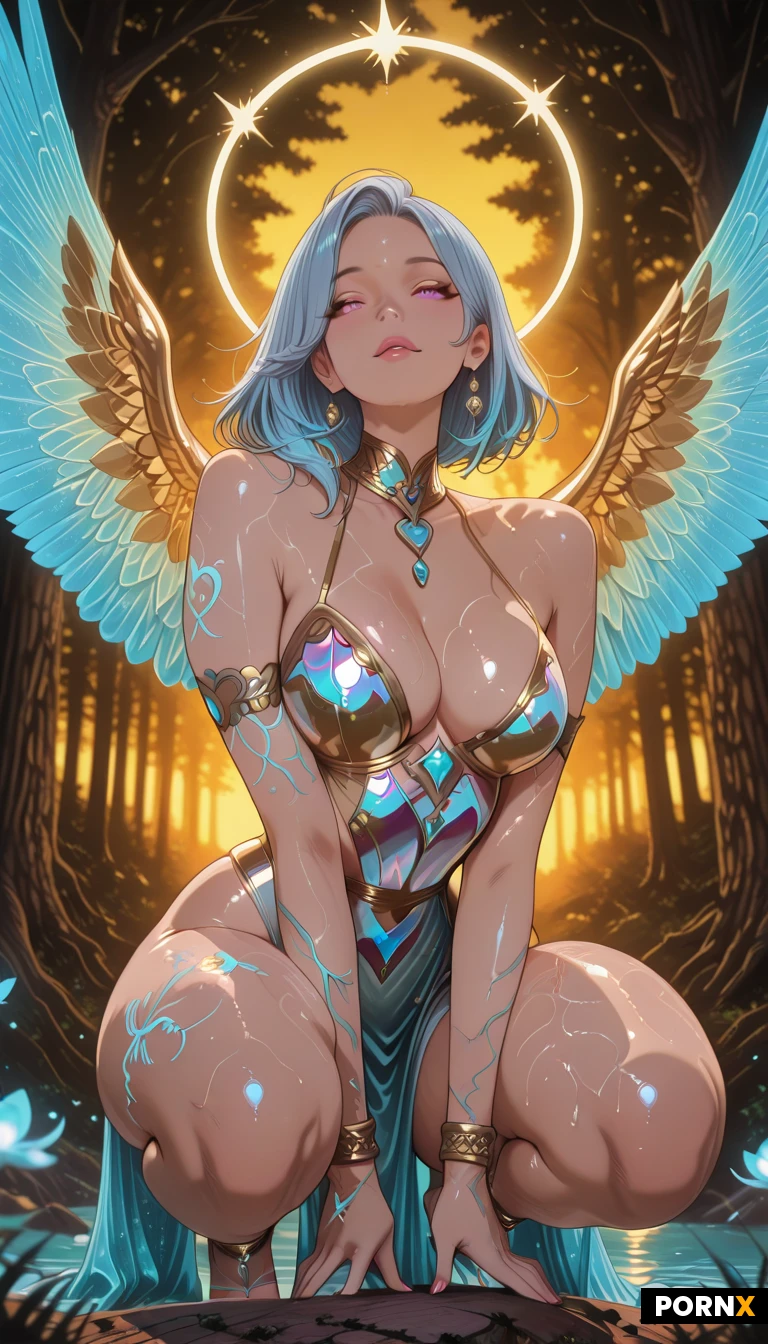 A luminous fairy goddess with an ethereal, heart-shaped face, long silver-blue hair cascading in soft waves, and eyes glowing like moonlit amethysts stands in a low, powerful squat, her curved, oiled flesh catching the light like polished marble. She wears an elaborate, sheer fantasy costume of iridescent leaf-veins and intricate golden filigree, accentuated by glimmering jeweled breastplates, delicate anklets, and glistening wing-like extensions that unfurl behind her, each feather shimmering with a subtle rainbow sheen. Soft rim lighting from a hidden source creates a glossy sheen on her skin and highlights the contours of her ample hips and toned thighs, while a warm, golden backlight adds a halo of haloed brilliance around her form. The camera is positioned at a dramatic low angle, using a shallow depth of field to blur the enchanted forest backdrop, emphasizing the goddess's radiant silhouette and the sensual, otherworldly atmosphere. Rendered in ultra-high-definition, hyper-realistic digital painting style with rich textures and a cinematic glow, the image captures the intoxicating allure of a divine, erotic fantasy.