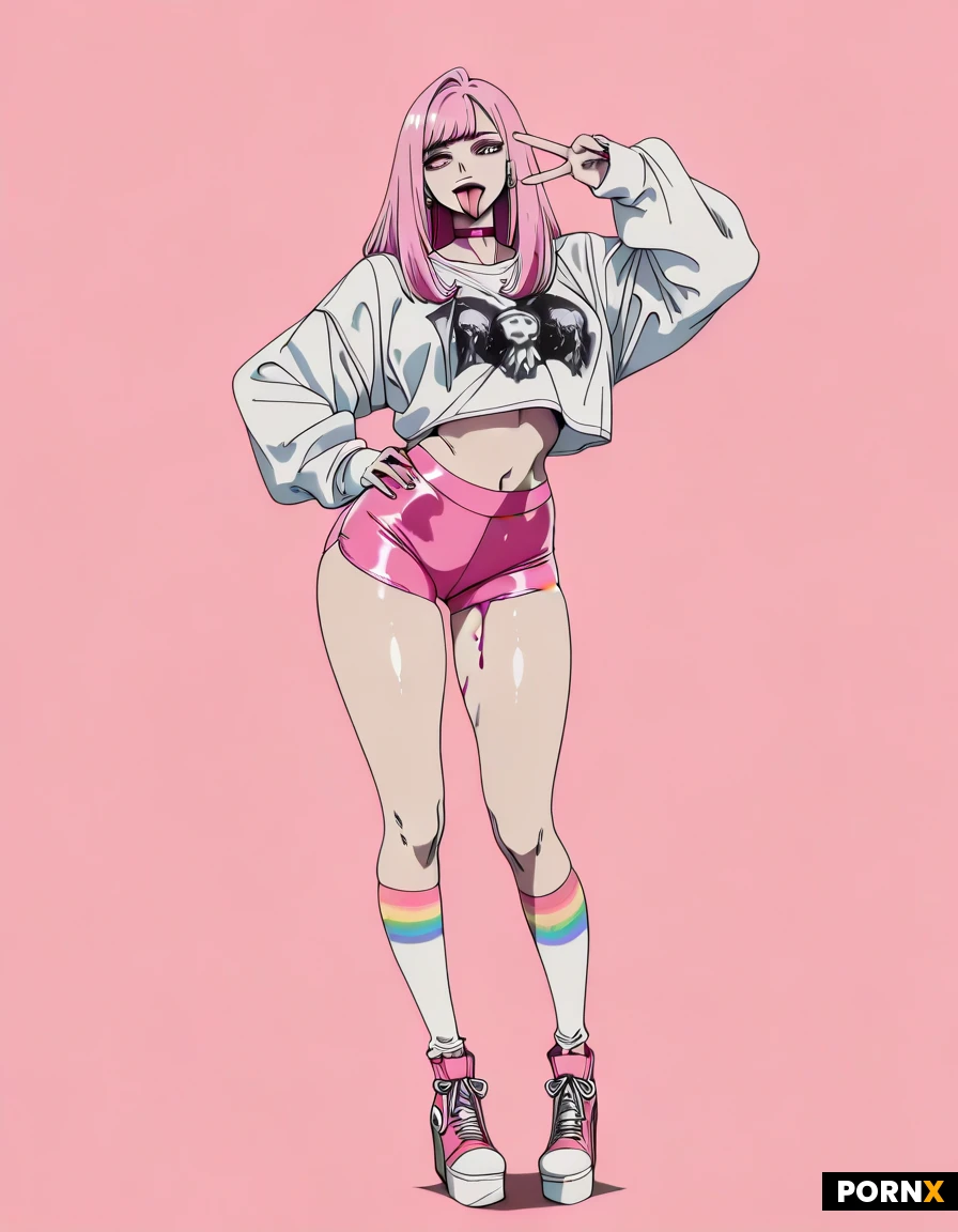 A plus sized K-pop star. KOREAN. JoJo's wardrobe reads as deliberate provocation against modesty through the language of cartoon rebellion—oversized graphic sweatshirts cropped to expose her soft underbelly, spandex shorts that disappear between her substantial thighs, knee socks that squeeze her calves and highlight their heft. Neon pink curls piled impossibly high, chokers designed to squeeze just slightly, platform sneakers that force her hips to sway with every step. Colors clash aggressively: vivid yellow against electric purple, rainbow stripes cutting across pale flesh. Every piece is two sizes too small or three sizes too large, never fitting properly by design. She's sticking out her tongue and doing a peace symbol, manic