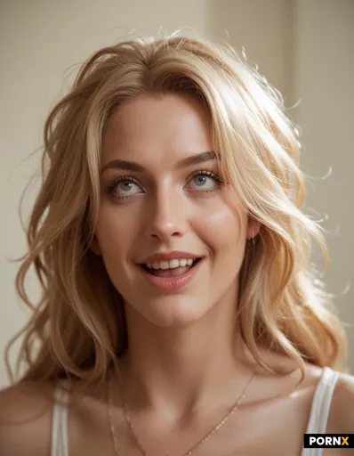 The laughing face of a blonde woman in her 20s with long messy hair is staring into the camera with 