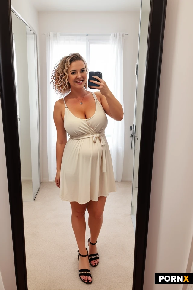 A chubby, mature Danish woman is in a changing room. She has very short, very curly sandy blonde hair. She has slightly saggy, natural tits. She has fit legs with large calves. She is taking a selfie. She is wearing a short, loose summer dress and sandals. She is smiling.