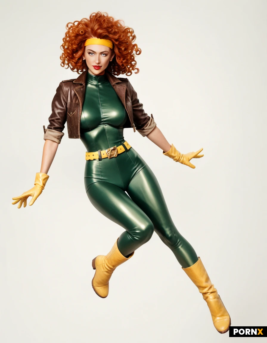 Redhead Irish woman. Fair skin. Red lipstick. Yellow gloves. Green and yellow latex body suit. Brown leather jacket with rolled up sleeves. Long yellow boots to her knees. Long curly hair. Flying in the air. Comic book hero. Super hero. Yellow headband around her forehead. Fluffy hair. Beauty. Stunning confidence. Sci fi. Super hero pose. Flying in the air. Yellow belt. "X" belt buckle. 8k resolution. Glamor photo. Strong. Fit. Busty. Tease. Glamor shot. Brown leather jacket with the sleeves rolled up. Thin. Skinny waist. Gorgeous. Yellow and green latex bodysuit. (Loose belt: 1.3)