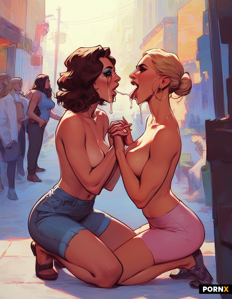 A blonde woman and a brunette woman are kneeling together in a city street and holding hands