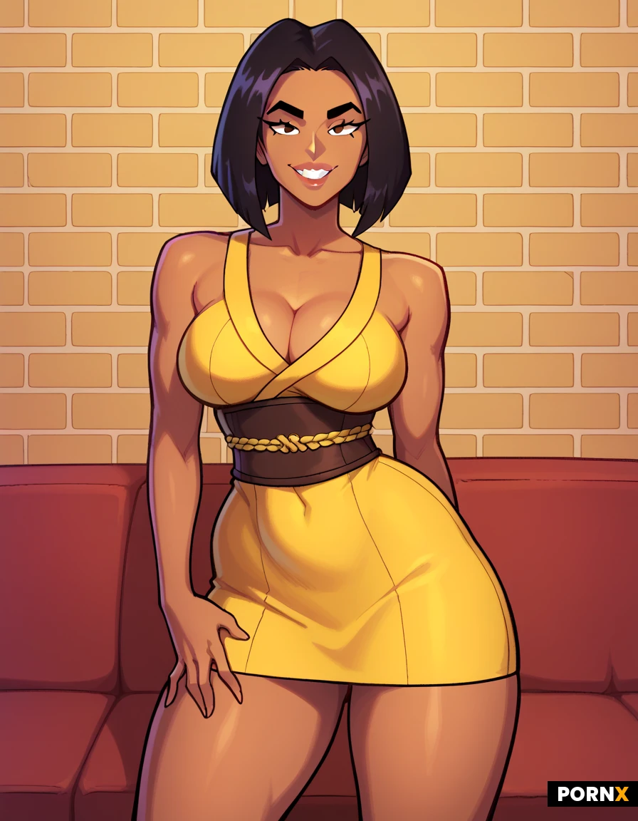 A smiling Latina woman standing in a three-quarter pose, weight on one hip, facing the camera. Long straight glossy black hair past the shoulders, center part. Oval face, high cheekbones, dark arched brows, large dark brown eyes, straight nose, full lips, wide smile showing white teeth. Smooth olive-tan skin. Slender neck, defined collarbones. Hourglass figure: full bust with visible cleavage, narrow waist, rounded hips, slim toned arms at her sides, shapely thighs.
She wears a fitted black short-sleeve mini dress in matte stretch knit. Deep scoop neckline. White-gray sans-serif text “CAFÉ POR FAVOR” across the chest. Matching fabric sash tied in a knot at the waist. Hem ends high on the thighs.
Background: exposed red-brown brick wall with uneven mortar. Black tufted leather sofa behind her hips and legs. Warm directional indoor light highlighting hair and face, richer shadow on brick and leather. Photorealistic, studio-portrait look.