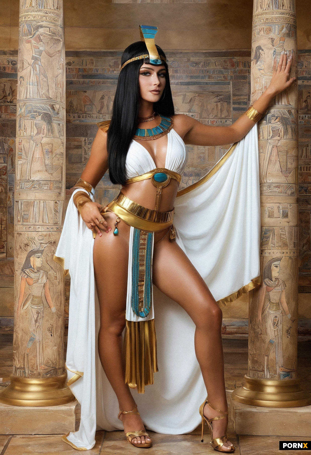 A beautiful woman is wearing a sexy Cleopatra costume