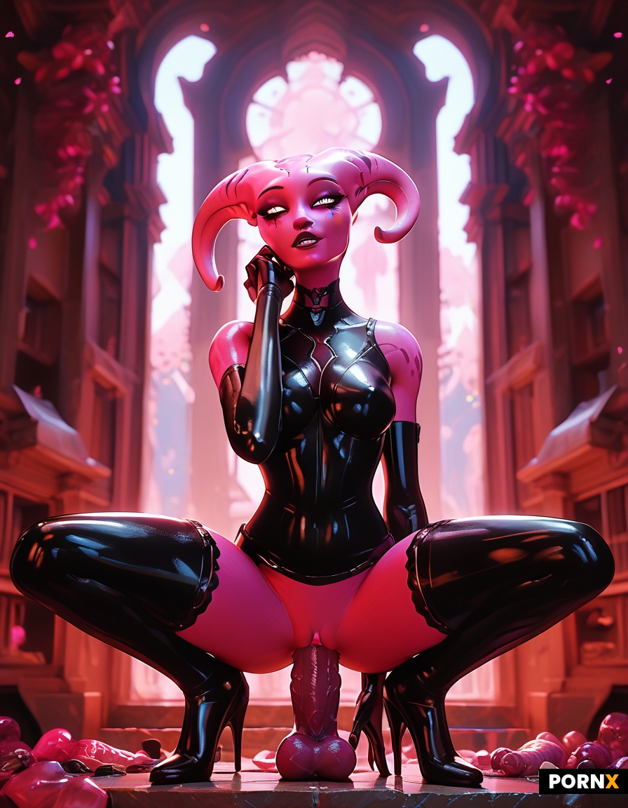 Sexy latex alien woman with big boobs squat fucking alien dildo