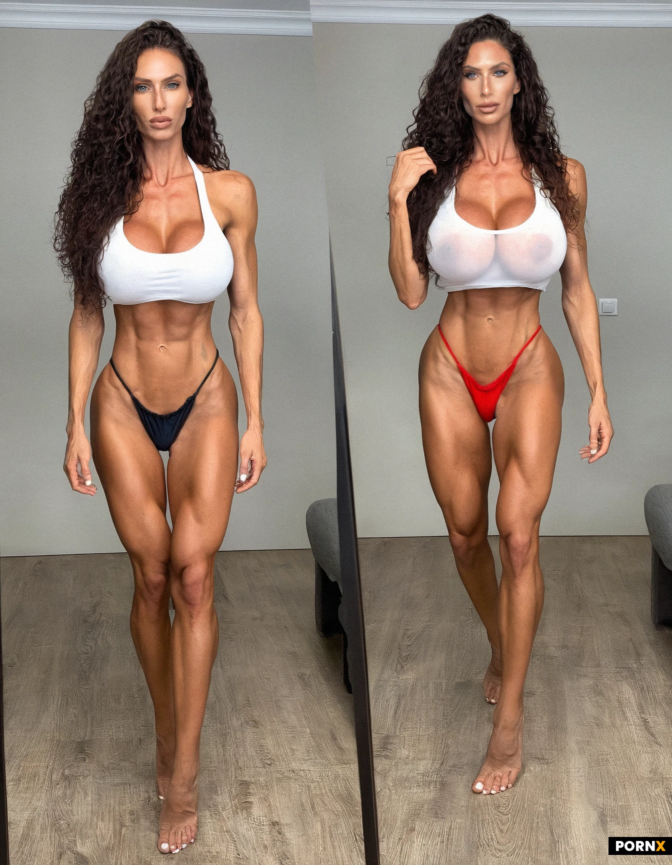 Full body and face in the picture. A beautiful slender woman. She has long curly brown hair and blue eyes. The has a tanned slender athletic muscular body with clearly defined 6 pack abs. She is wearing a very very thin red micro bikini and a ripped up white transparent tank top that you can see her huge breasts through