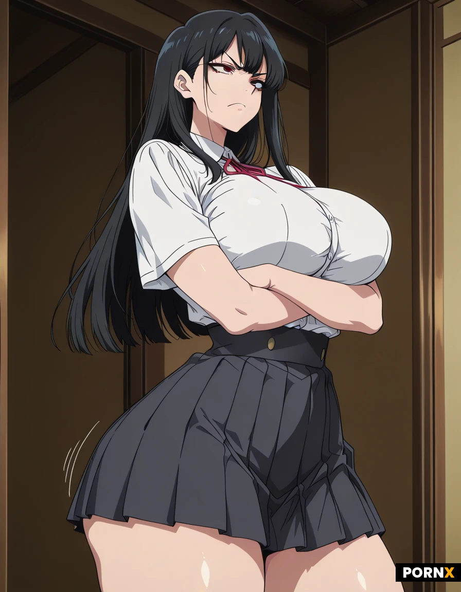 anime style, 18 year old girl, 160 cm, hyper massive heavy breasts that bounce and jiggle heavily with every movement, extremely narrow waist, wide juicy hips, thick thighs, round firm ass, fair soft skin, long straight black hair reaching her waist, big expressive dark eyes, arrogant and aggressive expression, proud posture, arms crossed under her huge breasts, wearing tight Japanese-schoolgirl uniform, white blouse, short pleated skirt, looking slightly angry and defiant, sharp gaze, detailed anime face, highly detailed body, dynamic pose, clean lineart, vibrant colors, anime aesthetic