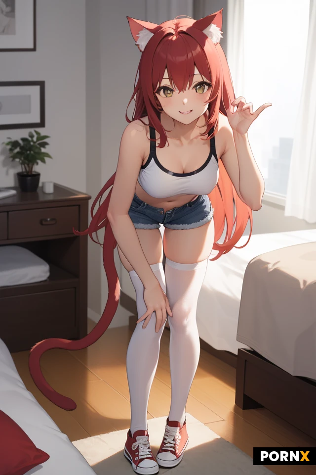masterpiece, best quality, highres, absurdres, 1girl, solo, cat_ears, cat_tail, standing, dynamic_angle, bedroom, white_sports_bra, denim_shorts, black high knee stockings, red_converse, dynamic_pose, smile, soft_lighting, interior