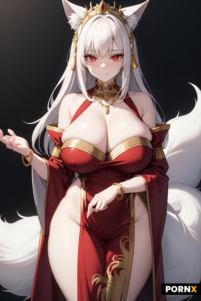 A beautiful white-haired fox woman with red eyes, Standing with traditional patterns and gold tassels. She has multiple fluffy white fox tails fanned out around her, large ears with black tips, and intricate gold hair accessories and headpieces. She wears an elaborate red, black, and white outfit with ornate details, gold accents, and layered sleeves, featuring jewelry like necklaces and bracelets. Her expression is calm with a slight smile as she looks towards the viewer, with one hand resting near her collarbone.,2d Animation,Big breast,thick,thick thighs,8 k resolution,highly detailed,rendering