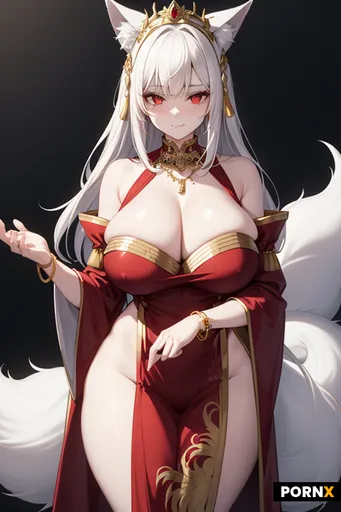 A beautiful white-haired fox woman with red eyes