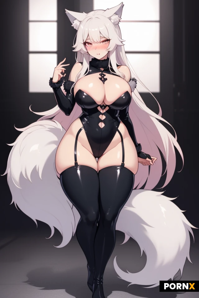 wolf girl, kage, cute but dangerous, soft rad blush, large expressive eyes, fluffy wolf ears and tail, form-fitting outfit, accentuating curves, arm chains, thigh-high boots, standing confidently, soft lighting, pastel rad and dark tones, highly detailed anime style, beautiful face, alluring gaze --ar 2:3 --niji 6