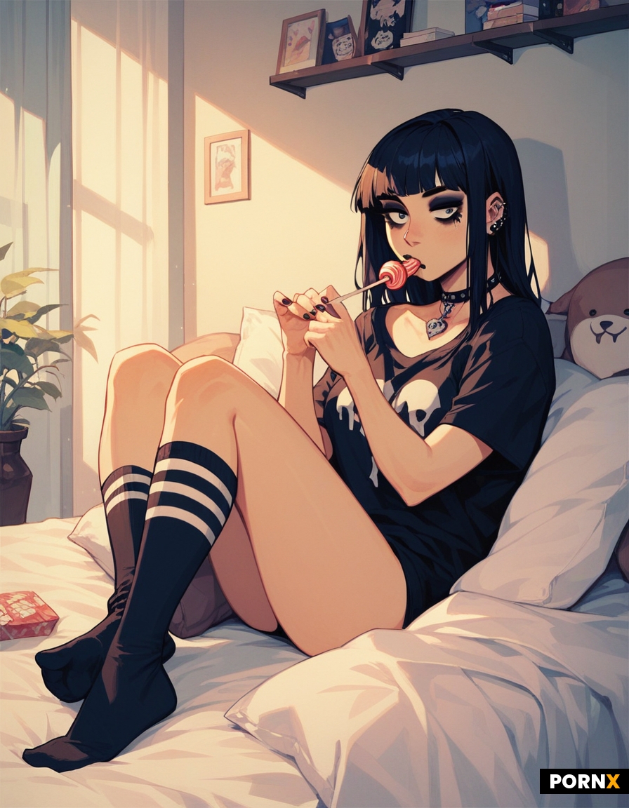 Pretty goth sitting on bed