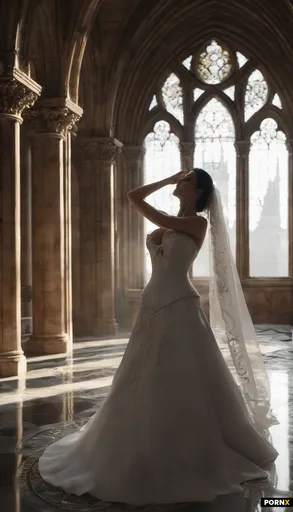 A voluptuous adult woman with freckles and a soft smile walks forward in a massive cathedral that fu