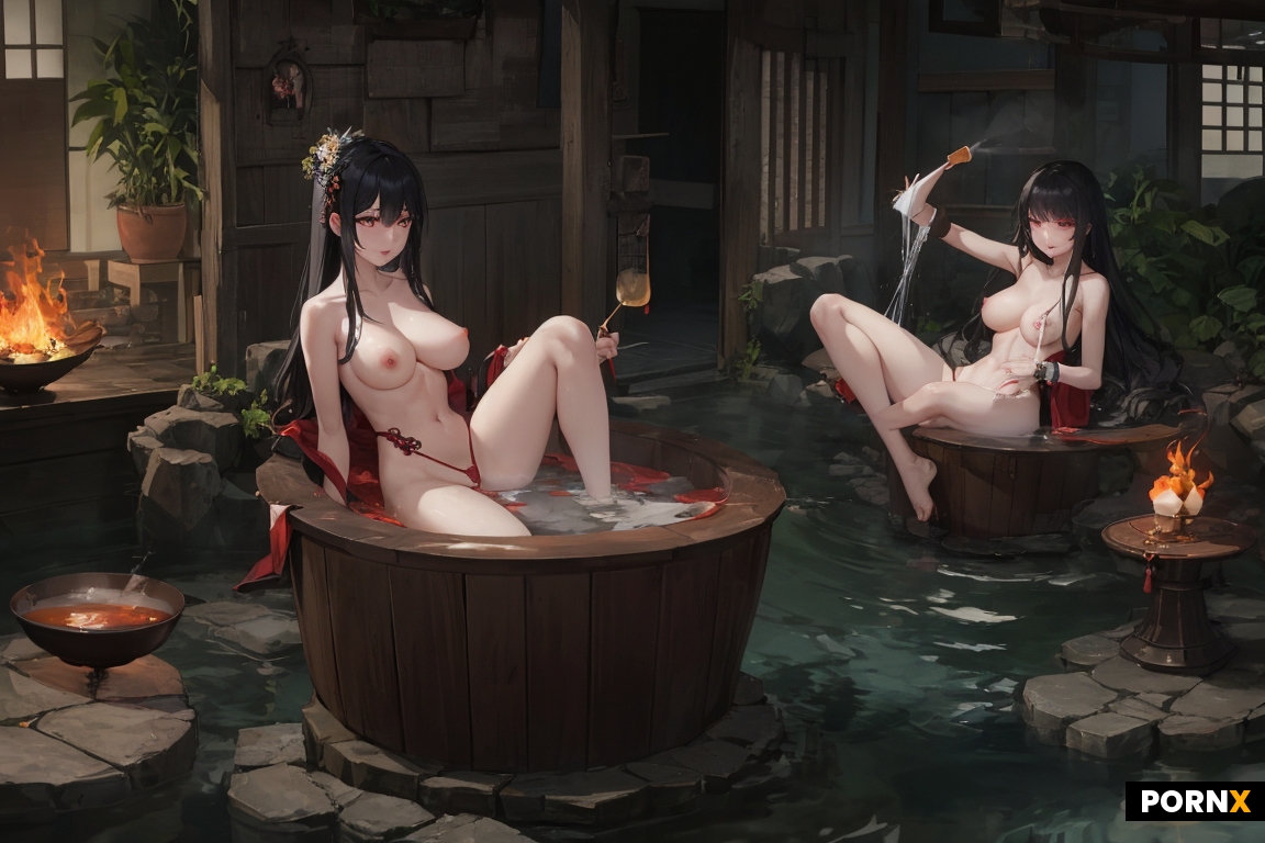 Naked Japanese woman sitting with legs up in a steaming cauldron while a Chinese woman in lingerie s