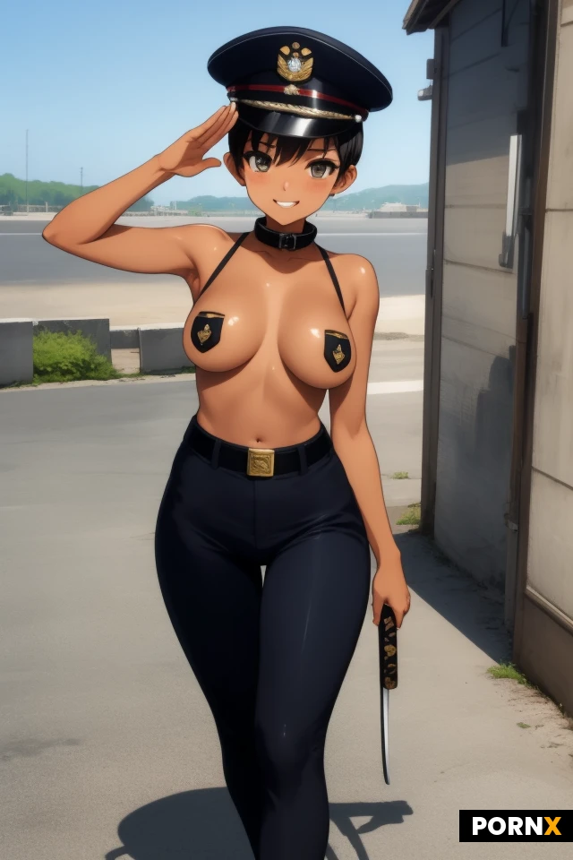 masterpiece, best quality, no NSFW, anime illustration, 1boy, officer, solo, short height, athletic body, slender body, tanned skin, boyish face, androgynous features, black eyes, black hair, short hair, short braided back hair,
military cap, uniforms of the Imperial Japanese Navy with stand up collar and long pants, aiguillette, rank insignia, saluting while walking, smile,
Navy Type Tachi Guntō(katana style Japanese military sword), Naval officer's sword belt of the Imperial Japanese Navy,