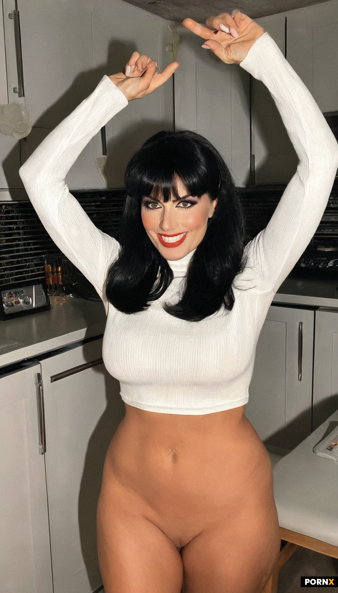 1980s mom, tight shirt, crop top, white sweater, full body view, no pants, no panties, shaved vagina, smiling, happy, 80s makeup, 80s hair, kitchen, hands up, arms over head, busty figure, teased hair, jet black hair, bangs