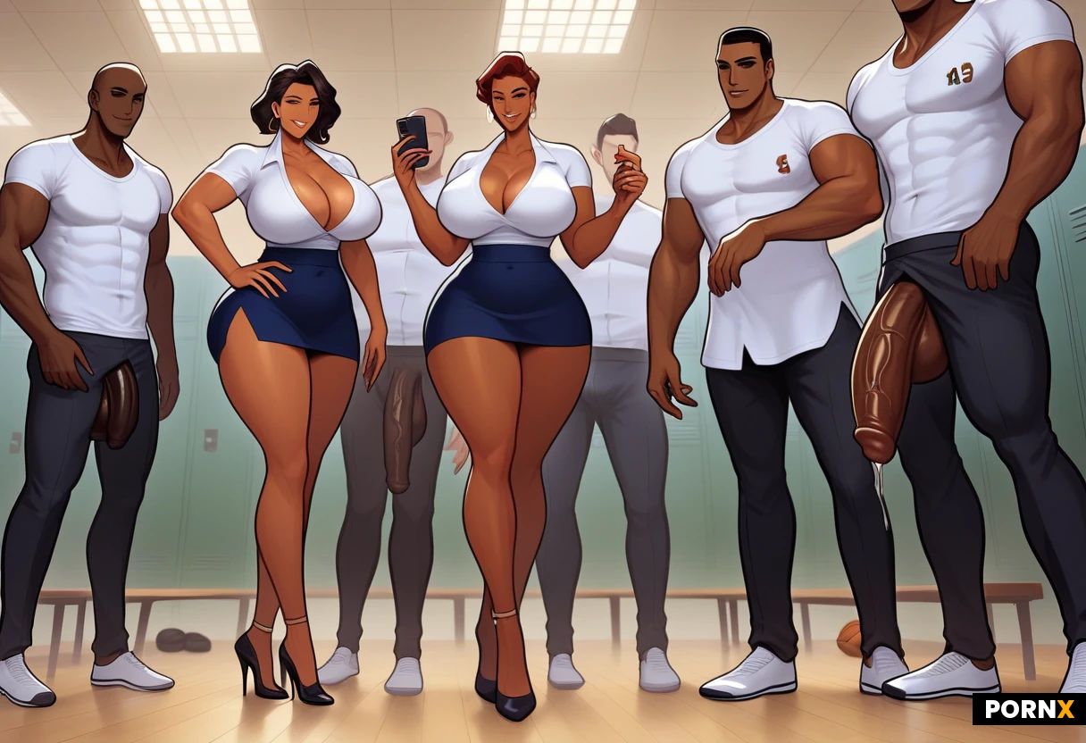 beautiful mature woman, dark hair in space buns, tanned olive skin, large natural breasts, tight office blouse unbuttoned, short pencil skirt, black stockings, high heels, gym locker room, metal lockers, wooden bench, fluorescent light, group of people, in a basketball stadium, (one journalist woman),african men with big flaccid cock, tv interview of a african man with large and long flaccid black cock, man standing with arms crossed, sexy woman brune journalist with micphone on hand and large breast non visible with gaunt body type and tight journalist clothes, very large breast, woman with long legs and high heels of 12cm, woman choqued by the size of cock, woman look the giant cock of the man, full body visible,she has closed mouth smiling expression, she is sitting forward on a chair in a sperm clinic, 1 of the black man is standing next to her left side getting a handjob, she is giving him a handjob with her left hand and holding a sperm collection cup below his cock with her right hand, his sperm is dripping into the cup, the cup is almost full with his white cum, the other 4 18+ black men are standing, they are in a line behind the 1st black man, they are waiting their turn, all 5 black men are wearing basketball team uniforms, all 5 black men have hyper-amplified disproportionally mega 50cm size cock shiny oiled penis, (hyper-mega oversized black cocks: 1.3), black men are 18+, black men are smiling in satisfaction, she is sitting looking at the viewer looking at the viewer with smiling expression