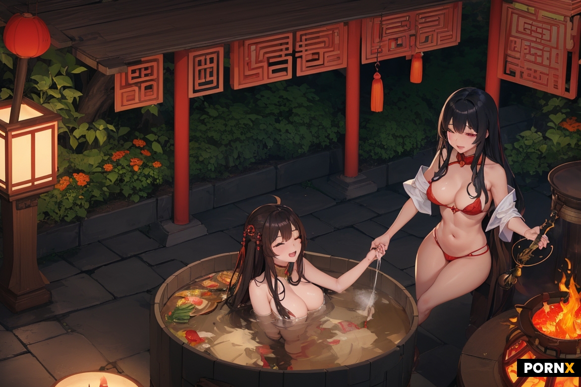 Naked Japanese woman sitting with legs up in a steaming cauldron while a Chinese woman in lingerie s