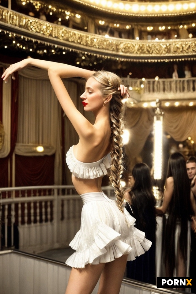 German woman dancing with men in background