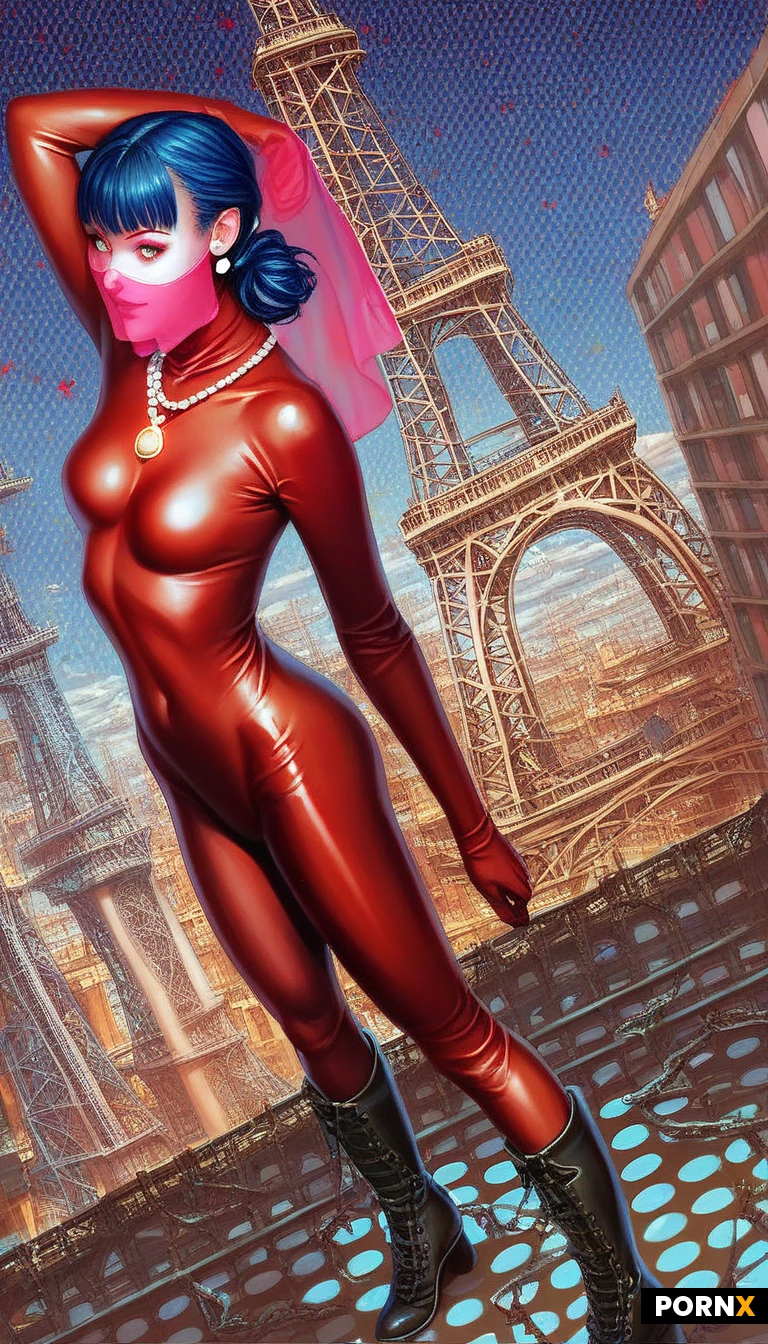 high definition, pretty woman, blue hair, two short low ponytail hairstyle, short face bangs, eye _mask, pretty face, curved body, chain necklace with a big round golden pendant, pearl earring, red lip, small breast, (red tight bodysuit with black round dots pattern all over the bodysuit:1.3), boots, she is playing yo-yo with long thread, standing on the roof, background, Paris street, eiffel tower, sunny day, detailed face, texture of stocking and veil, dynamic angle