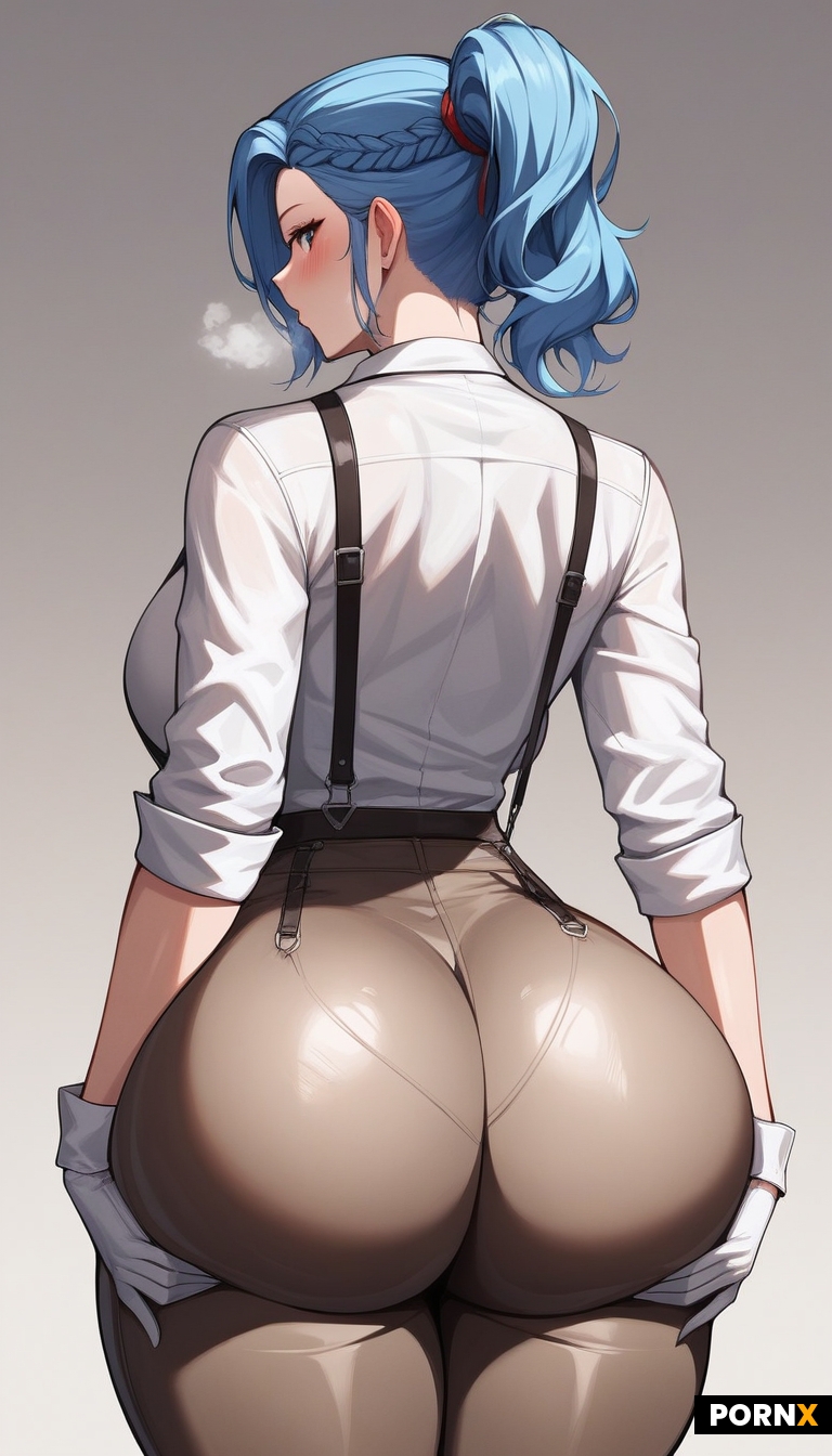 1female ass backboob blue_eyes blue_hair blush braid breasts breath closed_mouth curvy erufura from_