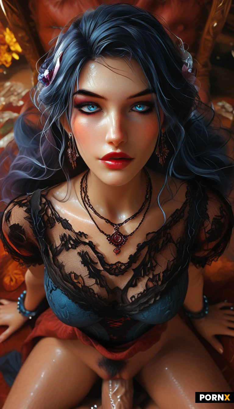 4k definition, super realistic, Victorian style woman 20s, pretty face, long hair, blue eyes, ,makeup, eyeline, earring, beautiful necklace, more jewelery on cloth, red cloth, old fashioned stocking, missionary position, man fuck her pussy in pov, see cock and wet pussy, trimmed pussy hair, background, elegant palace room, floor tile, carpet, old fashion chair, painting on the wall, flower, vase, detail on cloth, detail on face, detail on background, dynamic angle