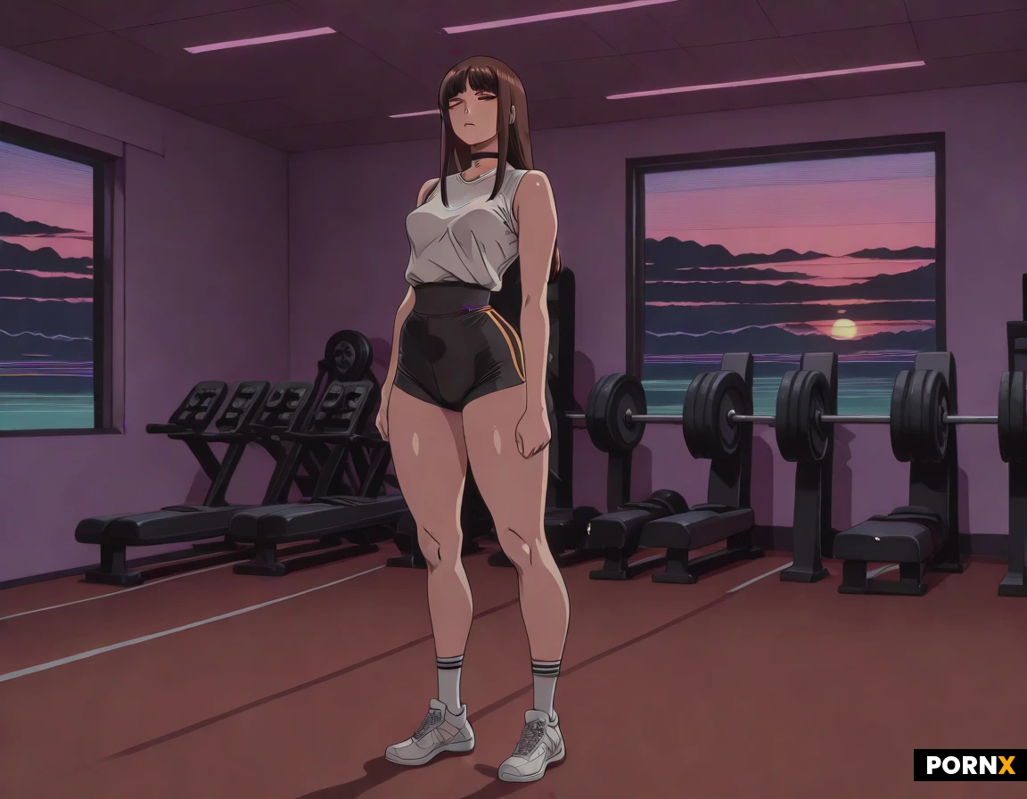 Woman, 40 Years old, European, Fit, Small breasts, Fit thighs, Rounded ass, Orgasm face, Ombre, Straight hair, Brown eye color, Choker, Leggins, Sleeveless t-shirt, Full body, Standing, Gym, Soft light, Long hair
