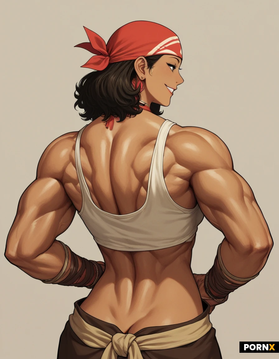(Anime). Feminine. Tribe cosplay. Muscular. Goddess. Bandana. Smile. Medium hair. Thick. Buff. Tan skin. Bulging veins. Biceps. Tank top. Back view. Midriff