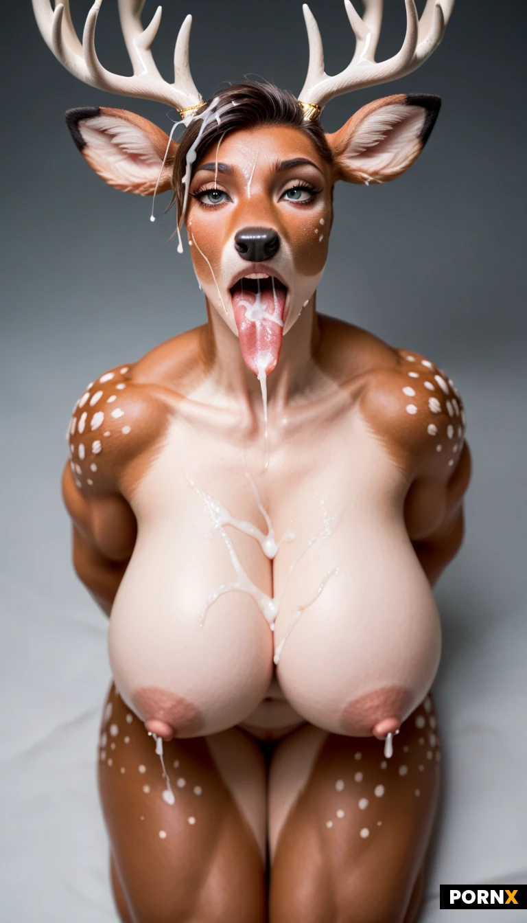 Curvaceous yet muscular (furry deer:1.8) with gigantic, round, heavy breasts, (deer skin texture and coloring:1.5), tail, defined abdominal muscles, thick thighs, balanced proportions, Piercing nipples ring, havy nipples ring, naked. Ahegao, protruding long tongue, tongue length 30 cm, a lot of saliva, bukakke, cum on face, cum in mouth, cum dripping on hair, view from above, close up, close face portrait, only face