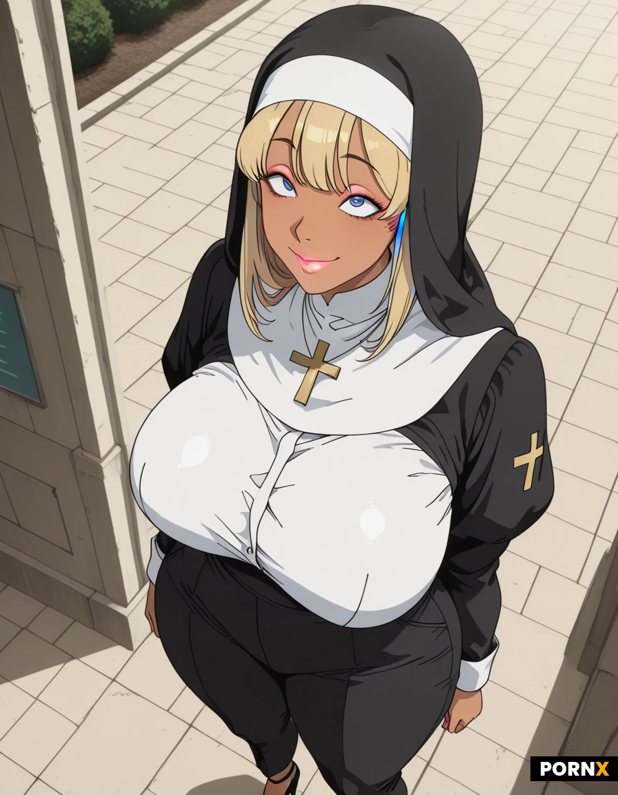 Woman, 20 years old, tanned skin, Thick body, Huge breasts, Rounded breasts, Thick thighs, busty thighs, smiles, big eyes, blonde_hair_color, blue_eye_color, small nose, makeup, pink lipstick, nuns_habit_head_wear, gold_cross, shirt, pants, high heels, academy park, daylight, 2D, Octane render, looks_at_camera, high_angle, anime,