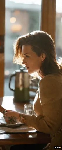 Candid medium shot of a woman in her early 30s with natural freckles and slight skin imperfections