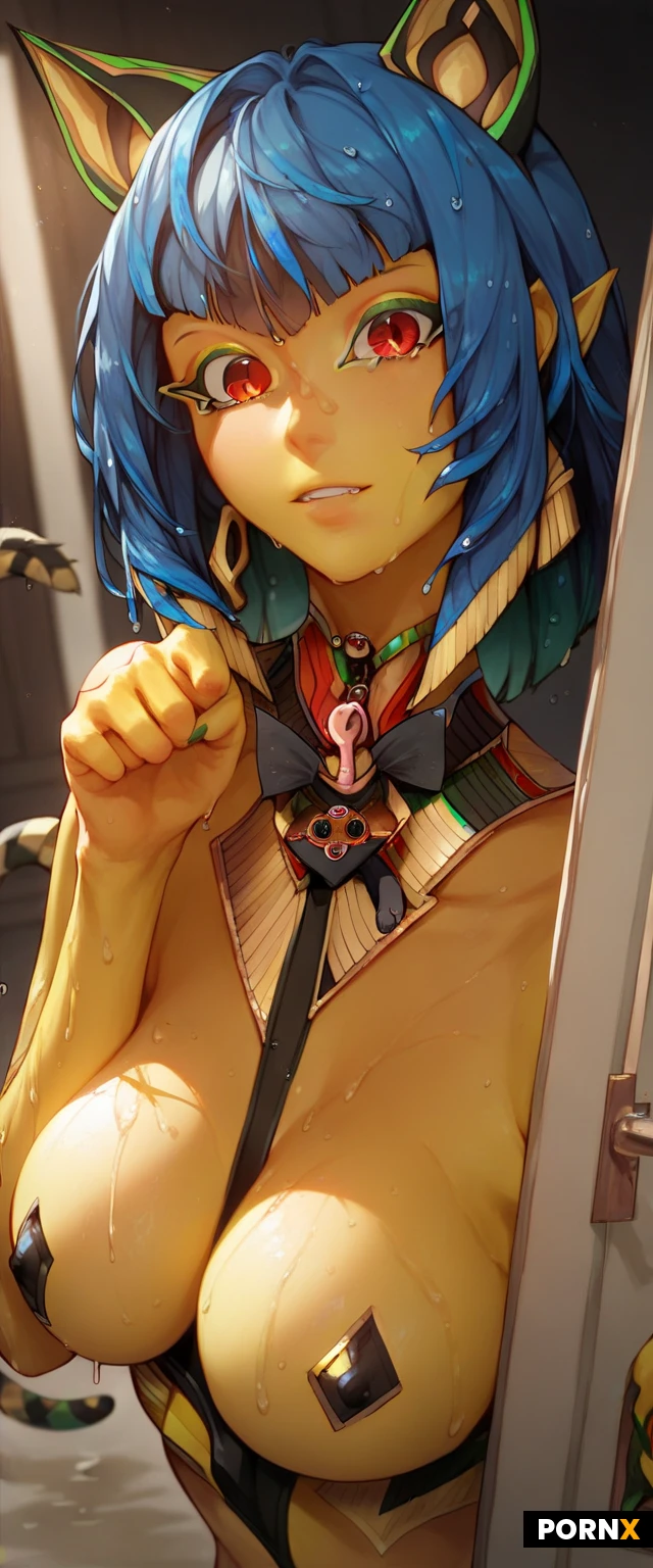 score_9,score_8_up,score_7_up,
((german,sekhmet,(full bob hair), symmetric bangs,((darkblue hair with highlights)),red eyes,((black cat ears:1.2)),((black cat tail)),dark eyebrows
,Female,cute,(horny),((yellow skin:1.2)),highly detailed face,highly detailed eyes,smeared mascara,highly detailed nipple,curious,good view,incredibly detailed,professional colorgraded,advanced shadows,meticulously created,perfect masterpiece,alone,black background,close,dutch angle,((asymetric))dappled light,realistic texture,advanced physiks,((beautiful hair:1.3)),((wet body:1.5)),((gaze into door)),highly detailed reflections,highly detailed door,((paw pose)),((gaze at you)),((above angle)),squishy breasts,beautiful colored pubic hair,black heels,thick thigs,excessive cum,cum on face,cum on hand,cum on background,cum on thighs,((blue nipple)),((blue areolas)),blue thighsocks,tanlines,naked,kneeling,sexy grin