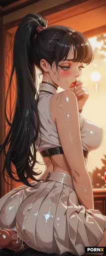 An athletic 18-year-old Latina girlfriend with long straight brown-black hair pulled into a high pon