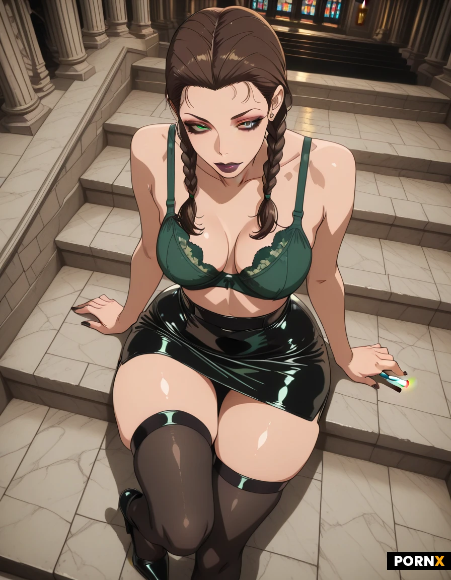 Youthful Adult Cute Irish Woman, Brunette hair slicked back and parted with in dutch braids, green eyes, full lips, pale complexion, dark makeup, athletic physique, small waist, wide hips, thick toned thighs, Green leather bra Top, tight Black leather miniskirt, black leather open-toe heels, woman sitting seductively with her legs apart, holding a lit cigarette, on steps of St Patrick's Cathedral in New York, front view from above, full body portrait, extremely well detailed,