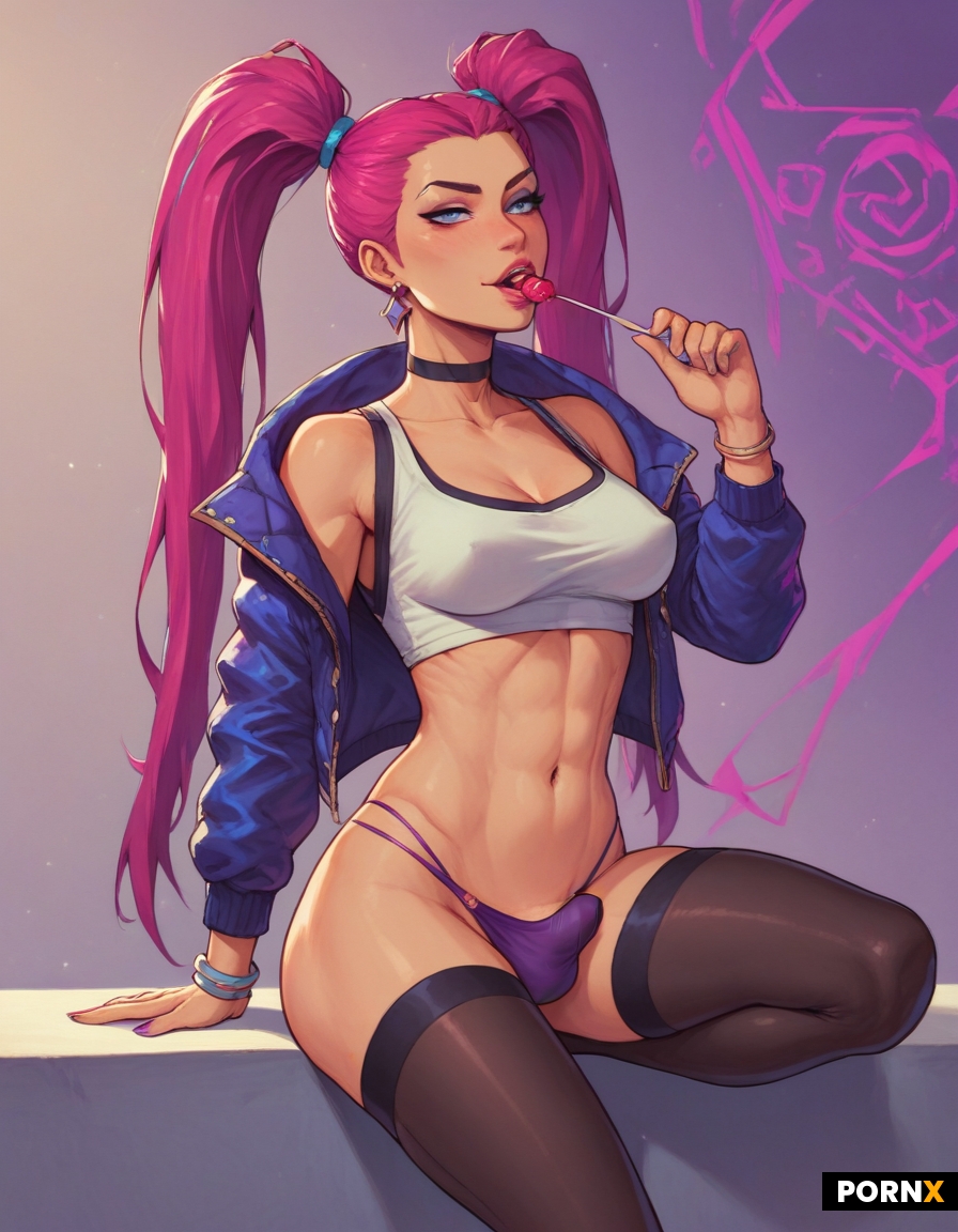 Kai'sa from LOL Wearing  K/DA game skin as a sexy futanari with long pigtails hairstyle String