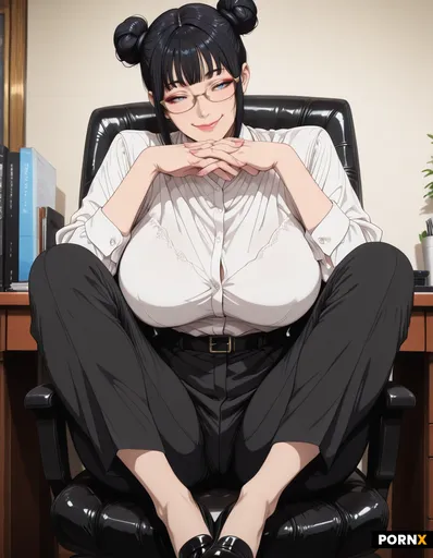 A confident female executive secretary/office assistant sitting in a leather chair behind a desk