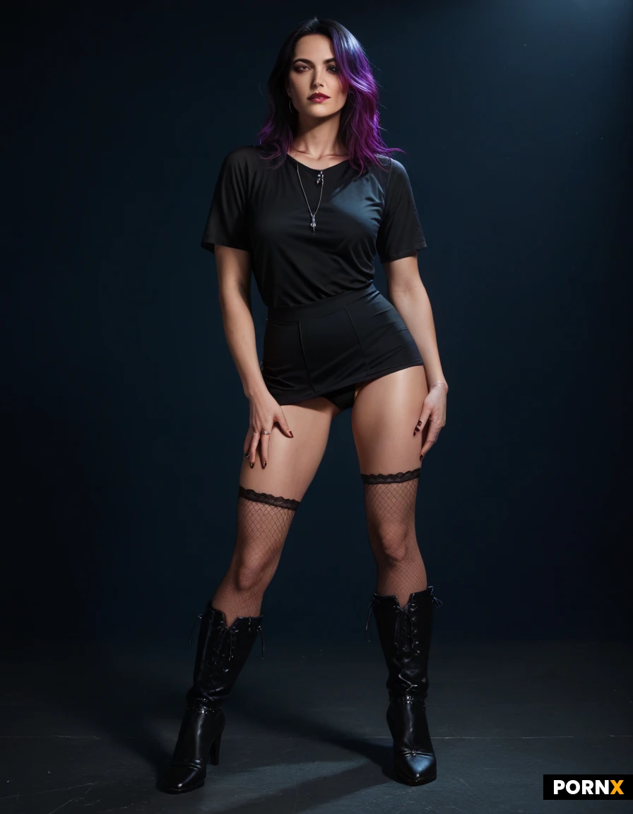 An attractive 24-year-old woman, 155cm tall and 55kg, with vivid violet hair cascading in soft waves, a slender waist and curvy hips, flaunting round B-cup breasts beneath an oversized, slightly sheer black T-shirt that clings to her form. She wears fishnet stockings that rise to the waist, paired with glossy knee-high leather boots that accentuate her legs, and she stands with one hip cocked, legs slightly apart, giving a confident, seductive pose. Soft rim lighting highlights the texture of the fishnet and the sheen of the boots, while a shallow depth of field creates a dreamy background of a dimly lit urban loft. The camera is positioned at eye level, framing her full body, captured in realistic high-definition digital art with a fantasy styled, moody atmosphere. The locationis on an darck aliway, in the night.