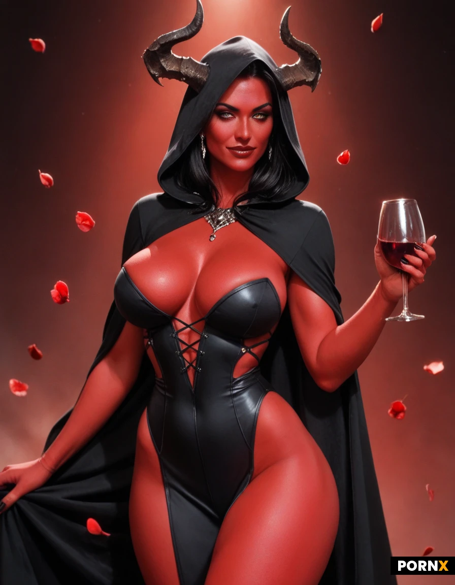 A super sexy demoness with big breasts, a thin waist, and wide hips, red skin, red eyes that glow like coals, sexy makeup, large demonic horns with royal decorations, long black hair, her head only half covered by a black hood, leaving her face, hair, and horns visible, a cape that sits just as casually on her shoulders, an uncovered sexy body, sexy and revealing clothes without skirts, all clothes are black and red with royal patterns, a sexy smirk and look in the frame, she stands in a sexy pose and holds a glass of red wine, a dark fantasy location in the erotic style with a red tint and rose petals.