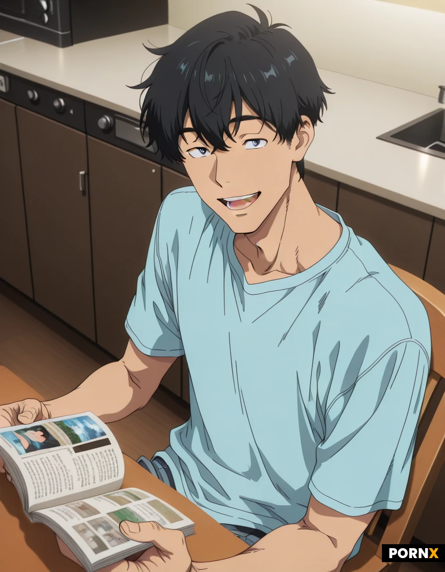 ((man)), ((1boy,)) solo, short_hair, black hair., blue pajama, , casual, indoor,,,table,sit on chair, soft light, , ,happy, ,kitchen, reading a comic,hold a comic,open mouth, look at viewer