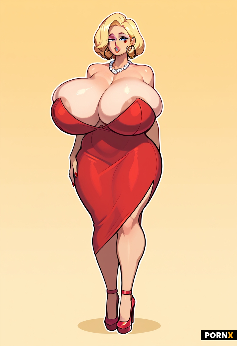 The fictional image portrays a gorgeous blonde woman with exaggerated features