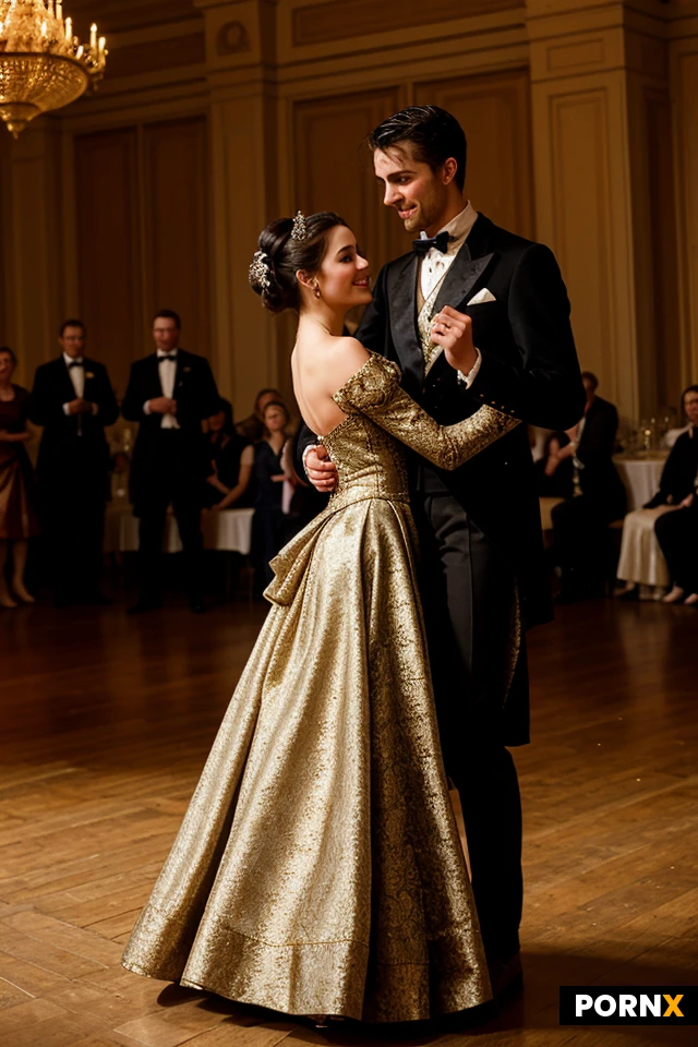 Beautiful 16th century woman in a 16th century dance in a ballroom. She wears an elaborate brocade gown, its skirts held wide by a farthingale beneath. She is dancing with a handsome prince.