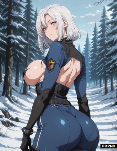 A woman with big tits and a big ass wearing a tight uniform in a snowy forest with white hair blue e