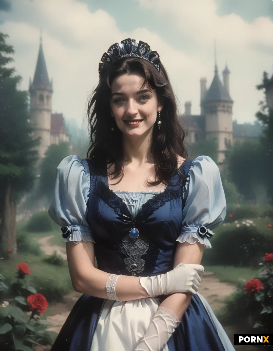 high definition, super realistic, woman 20s, pale white skin, blue eyeball, dark straight long hair, she wearing a classic blue Victorian maid dress with red ink stains and intricate lace. She holds a sharp engraved knife. background, steampunk-industrial Wonderland landscape with giant mechanical cogs, floating landmasses, and a purple glowing skinny cat smiling in distance, detailed face, detailed eye, dynamic angle