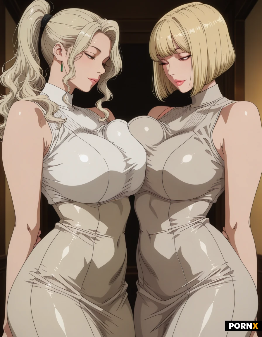 Three blonde women, hyper giant breasts, tight dresses, one mature woman 35yo in the middle with long wavy hair, two women 20yo on the sides with different hairstyles (ponytail and bob cut), realistic, detailed, seductive