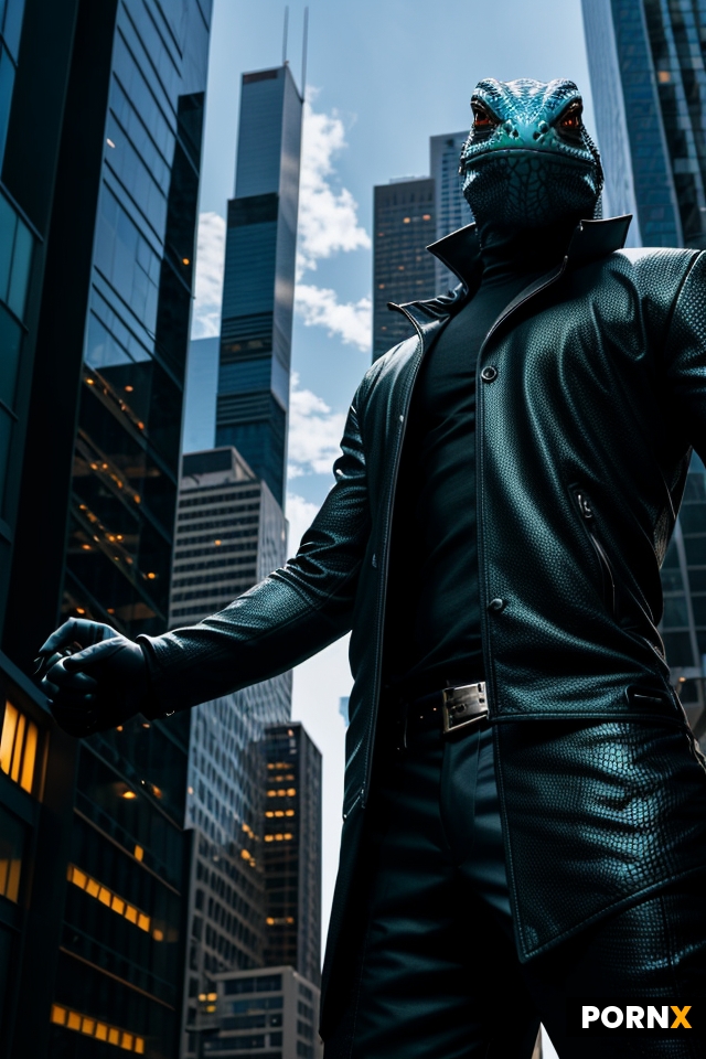 cool male lizard man standing outside in city near buildings