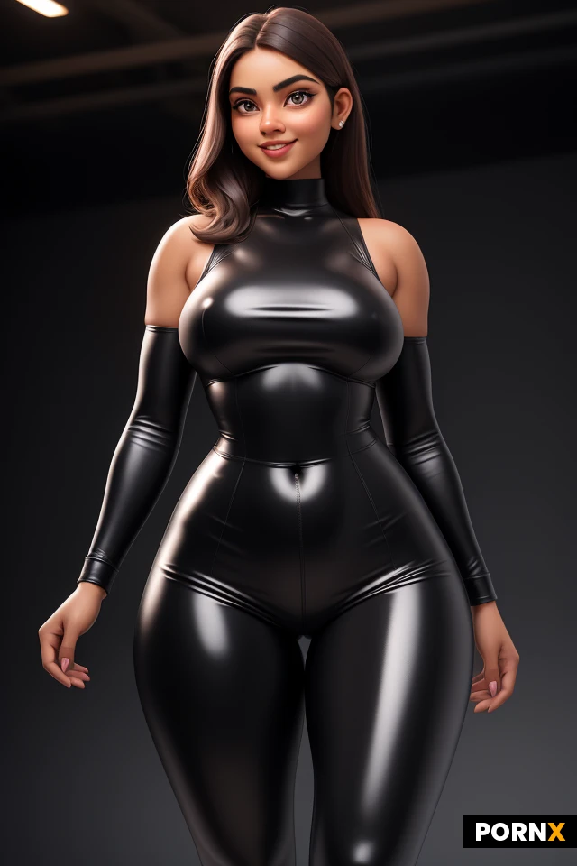 A curvy Indian woman, 18 years old, short in height, with a cute, confident smile, posed front-facing in a glossy black leather bodysuit that clings tightly to her wide hips, narrow waist, medium-sized breasts and thick, muscular thighs, the costume extending down to fully cover her legs with sleek leather leggings and subtle thigh-high strap details; soft rim lighting highlights the shine of the leather and the smooth contour of her skin, while a shallow depth of field blurs a dim, industrial loft background, captured from a slightly low angle to emphasize her powerful posture, rendered in a hyper-realistic cinematic style.