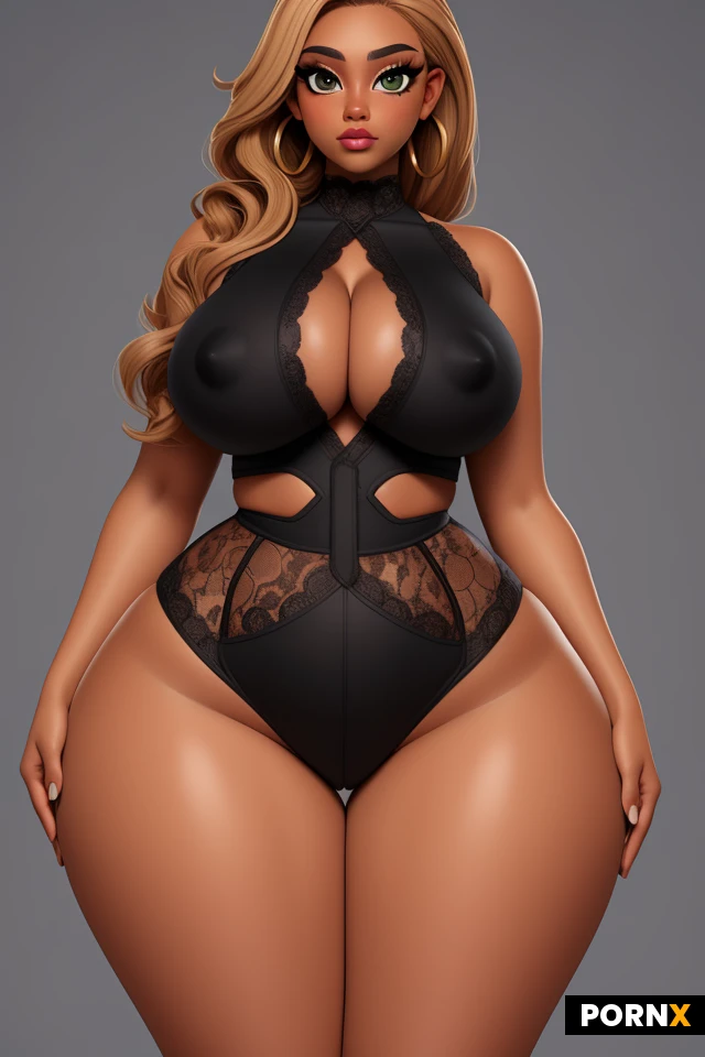 woman, very dark skin, light brown hair, (blonde highlights:1.05), lots of makeup, thick black eyeliner, (thick lips:1.05), earrings, (thick thighs:1.2), (curvy:1.5), (thick:1.25), (voluptuous:1.25), (colossal tits:1.35), tight, firm, perky, (wide hips:1.5), (narrow waist:1.35), (amber eyes:1.05), lipstick, lace, sexy pose